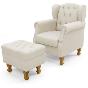 Poltrona Com Puff Paris Luis Xv L02 Linho Champagne