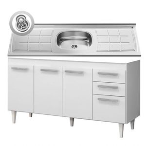 Balcão Gabinete Lis e Pia Inox 150cm 4 Portas Branco