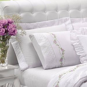 Jogo de Cama Queen 200 Fios Bordado Bouquet Branco Casaborda Enxováis 6 Peças