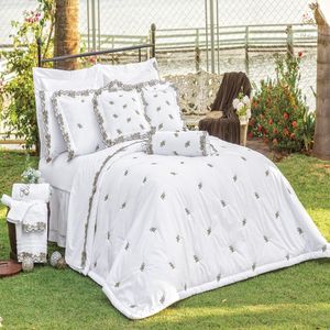 Kit Enxoval Queen Bordado 200 Fios Mondrean Branco 5pçs