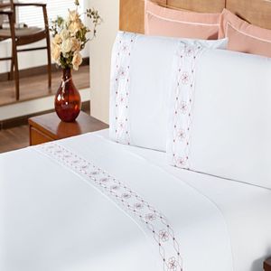 Jogo De Cama King 200 Fios Damasco Branco E Salmão 4pçs