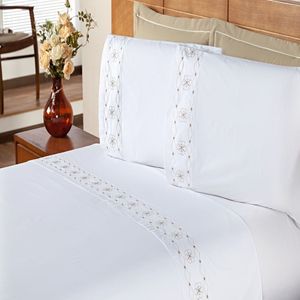 Jogo De Cama Queen 200 Fios Damasco Branco E Bege 4pçs