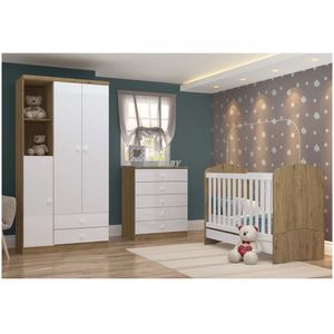 Quarto Infantil com Guarda Roupa 3 Portas Cômoda e Berço Faz de Conta Siena Móveis Branco/rústico