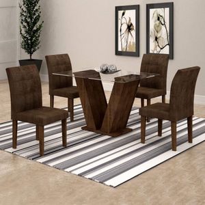 Conjunto Sala De Jantar Mesa Classic Tampo De Vidro 4 Cadeiras Vitória Cel Móveis Chocolate /animale Marrom 52