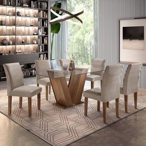 Conjunto Sala De Jantar Mesa Tampo De Vidro 6 Cadeiras Classic Cel Móveis Chocolate/suede Cinza 90