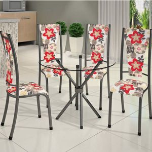 Conjunto De Mesa Redonda Tampo De Vidro 4 Cadeiras Dubai Bm Móveis Tubulares