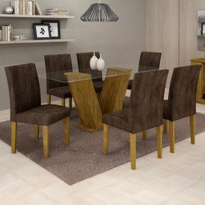 Conjunto Sala De Jantar Mesa Tampo De Vidro 6 Cadeiras Classic Cel Móveis Ypê/animale Marrom 52