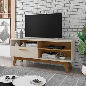 Rack para TV até 55" Pés Madeira Retrô Paládio Móveis Bechara Off White/cinamomo