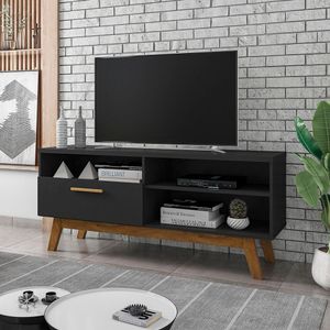 Rack para TV até 55" Pés Madeira Retrô Paládio Móveis Bechara Preto Fosco