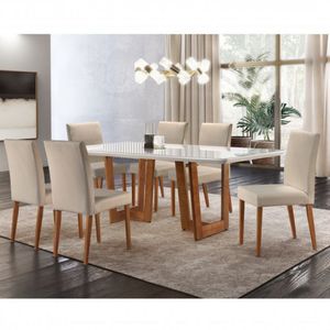Conjunto Sala De Jantar Mesa Madeira Maciça 6 Cadeiras Vitoria Mobilare Imbuia Natural/off White/creme