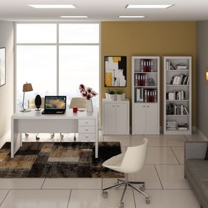 Conjunto Home Office 4 Peças Escrivaninha Com 3 Gavetas 2 Estantes E Balcão 2 Portas Tecno Mobili Branco