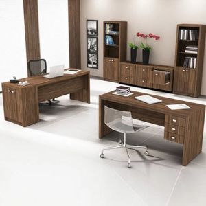 Conjunto Home Office 2 Escrivaninhas, 2 Estantes, 3 Gaveteiros E 1 Balcão Tecno Mobili Nogal
