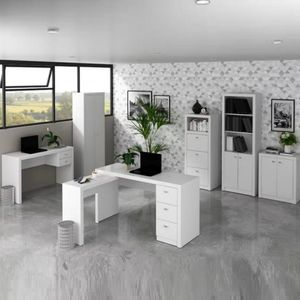 Conjunto Home Office 2 Escrivaninhas, 2 Armários, 1 Balcão E 1 Estante Tecno Mobili Branco