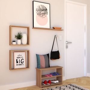 Conjunto Com 1 Banco, 1 Prateleira E 2 Nichos Pullen Bramov Móveis Carvalho Mel