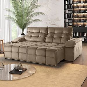Sofá Retrátil E Reclinável 230Cm 4 Lugares M122 Martins Estofados Veludo/Café Com Leite