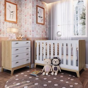 Quarto De Bebê Com Berço 3 Em 1 86X136,6X86Cm e Cômoda 4 Gavetas Favo De Mel Itapuã/Branco