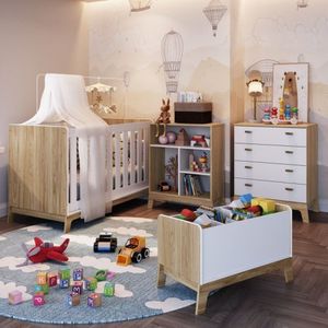 Quarto De Bebê Com Berço Cômoda Estante Com Nichos e Caixa De Brinquedos Favo De Mel Itapuã/Branco