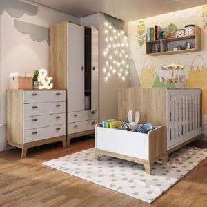 Quarto De Bebê Com Berço Cômoda Guarda Roupas Nicho e Caixa Organizadora Favo De Mel Itapuã/Branco