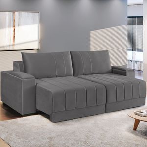 Estofado Retrátil Com Baú 290Cm Com Usb Línea Estofart Cinza
