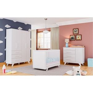 Quarto De Bebê Guarda Roupa Cômoda Berço Branco Brilho