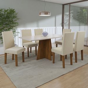 Sala Jantar Amalia 1 Mesa 6 Cadeiras Vênus Pinho/Blonde/Bege