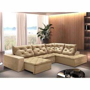 Sofá De Canto Com Chaise 5 Lugares M136 Veludo/Bege