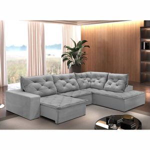 Sofá De Canto Com Chaise 3 Lugares M136 Veludo/Cinza