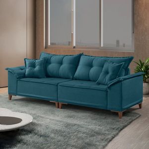 Sofá 4 Lugares 290Cm Com Almofadas M44 Linho/Azul Petroleo
