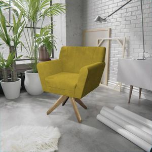 Poltrona Base Giratória De Madeira Suede Amarelo Lauren Maranata Estofados Amarelo