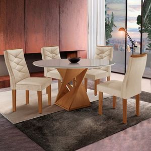 Conjunto Sala De Jantar Mesa Tampo Redondo Plus Vidro 100cm Com 4 Cadeiras Barcelona Cel Móveis Cinamomo/off