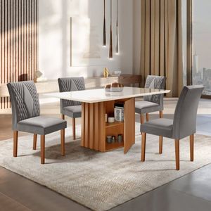 Conjunto Sala De Jantar Mesa Tampo Slim Plus Vidro 120x90cm Com 4 Cadeiras Elis Cel Móveis Cinamomo/off White/suede