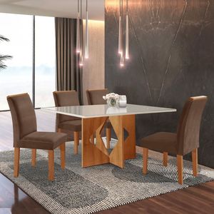 Conjunto Sala De Jantar Mesa Tampo Dakota Plus Vidro 120x80cm Com 4 Cadeiras Laura Cel Móveis Cinamomo/off White/suede
