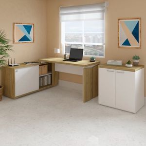 Conjunto Home Office Escrivaninha Em L Smart E Balcão Multiuso Toq Artany Olmo/branco