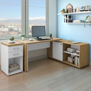 Conjunto Home Office 2 Peças Escrivaninha Em L Smart E Gaveteiro Toq 2 Gavetas Artany Olmo/branco