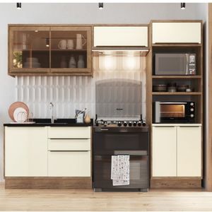 Cozinha Modulada 4 Peças 7 Portas 3 Gavetas Com Divisor De Talheres 1 Nicho Para Forno Viena Edez Louro Freijó/argila