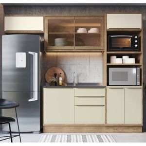 Cozinha Modulada 4 Peças 7 Portas 3 Gavetas Com Divisor De Talheres 1 Nicho Para Forno Viena Edez Louro Freijó/argila