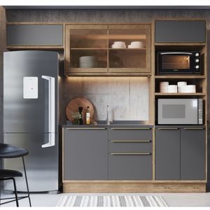 Cozinha Modulada 4 Peças 7 Portas 3 Gavetas Com Divisor De Talheres 1 Nicho Para Forno Viena Edez Louro Freijó/cinza