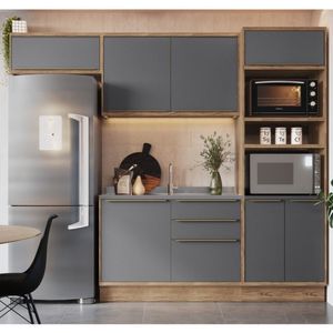 Cozinha Modulada 4 Peças 7 Portas 3 Gavetas Com Divisor De Talheres 1 Nicho Para Forno Viena Edez Louro Freijó/cinza