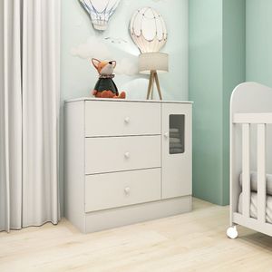 Cômoda Infantil 1 Porta Com Janela 3 Gavetas Ben Móveis Peroba Branco Brilho