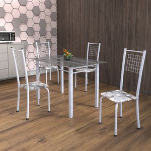 Conjunto De Mesa Tubular 4 Cadeiras 120cm Com Tampo De Vidro Iza Soma Móveis Paraopeba/pérola