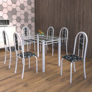 Conjunto De Mesa Tubular 6 Cadeiras 140cm Com Tampo De Vidro Iris Soma Móveis Preto Floral/pérola