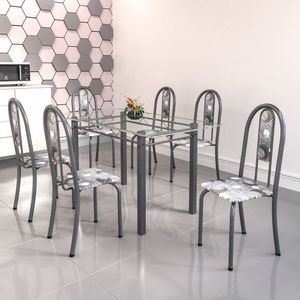 Conjunto De Mesa Tubular 6 Cadeiras 140cm Com Tampo De Vidro Iris Soma Móveis Paraopeba/prata