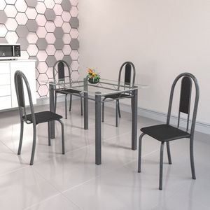 Conjunto De Mesa Tubular 4 Cadeiras 120cm Com Tampo De Vidro Iris Soma Móveis Preto/prata