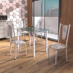 Conjunto De Mesa Tubular 4 Cadeiras 120cm Com Tampo De Vidro Melissa Soma Móveis Botanic Cinza/pérola