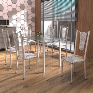 Conjunto De Mesa Tubular 6 Cadeiras 140cm Com Tampo De Vidro Melissa Soma Móveis Botanic Cinza/pérola