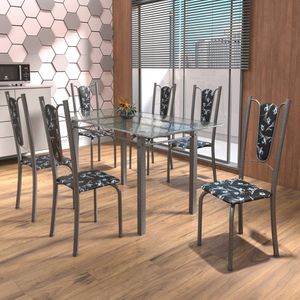 Conjunto De Mesa Tubular 6 Cadeiras 140cm Com Tampo De Vidro Melissa Soma Móveis Paraopeba/pérola