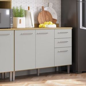 Balcão Gabinete Com Tampo 3 Portas 2 Gavetas Gaia Casamia Louro Freijo/off White