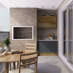 Cozinha Modulada Viena 2 Peças Com 1 Armário Aéreo Vidros Reflecta 1 Balcão Herval Edez Louro Freijó/cinza Grafitto