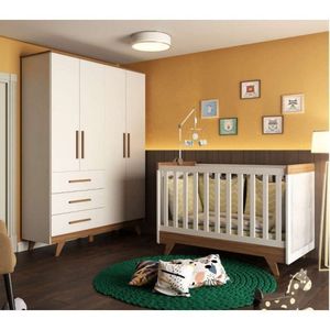 Conjunto Para Quarto De Bebê Com Guarda Roupa 4 Portas E Berço Com Capitone Retrô Móveis Peroba Branco