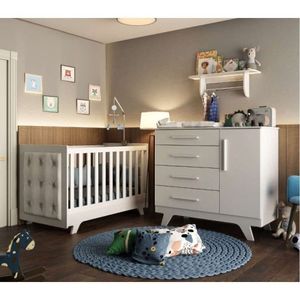 Conjunto Para Quarto De Bebê Com Cômoda De Bebê Berço Com Capitone E Prateleira Retrô Móveis Peroba Branco